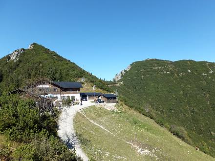 Berggasthaus Herzogstand mit Martinskopf und Herzogstand (rechts)