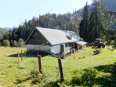 Die Röhrlmoosalm auf dem Abstiegsweg